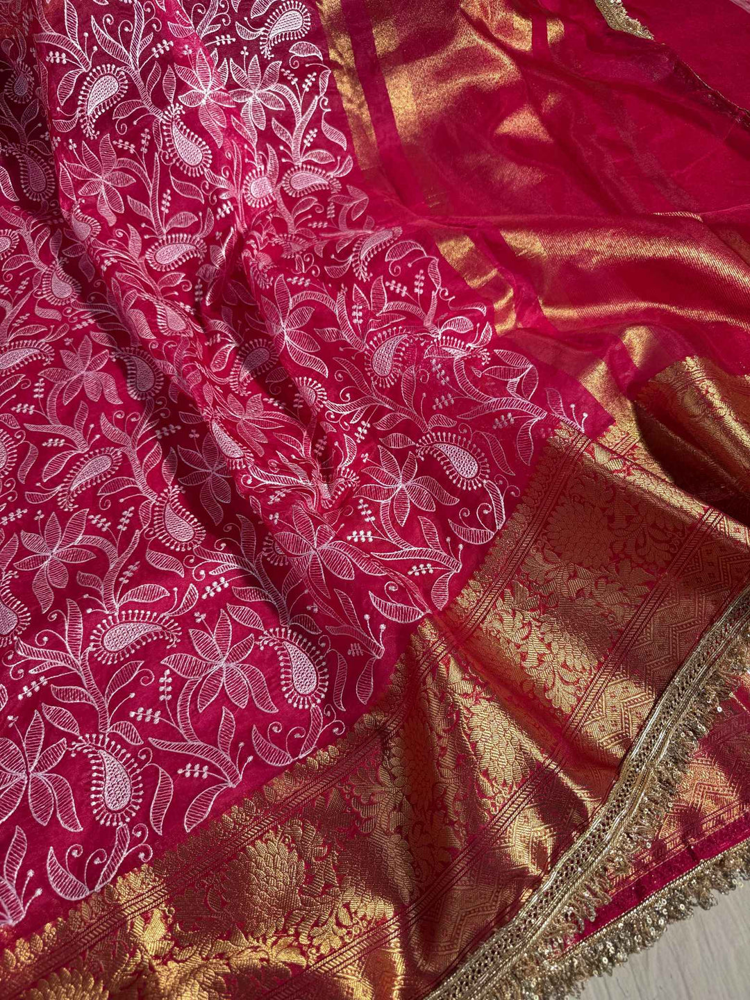 Rani Pink Kora Organza Chikankari Embroidery Work Banarasi Saree