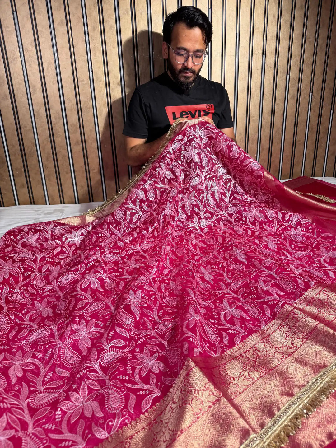 Rani Pink Kora Organza Chikankari Embroidery Work Banarasi Saree