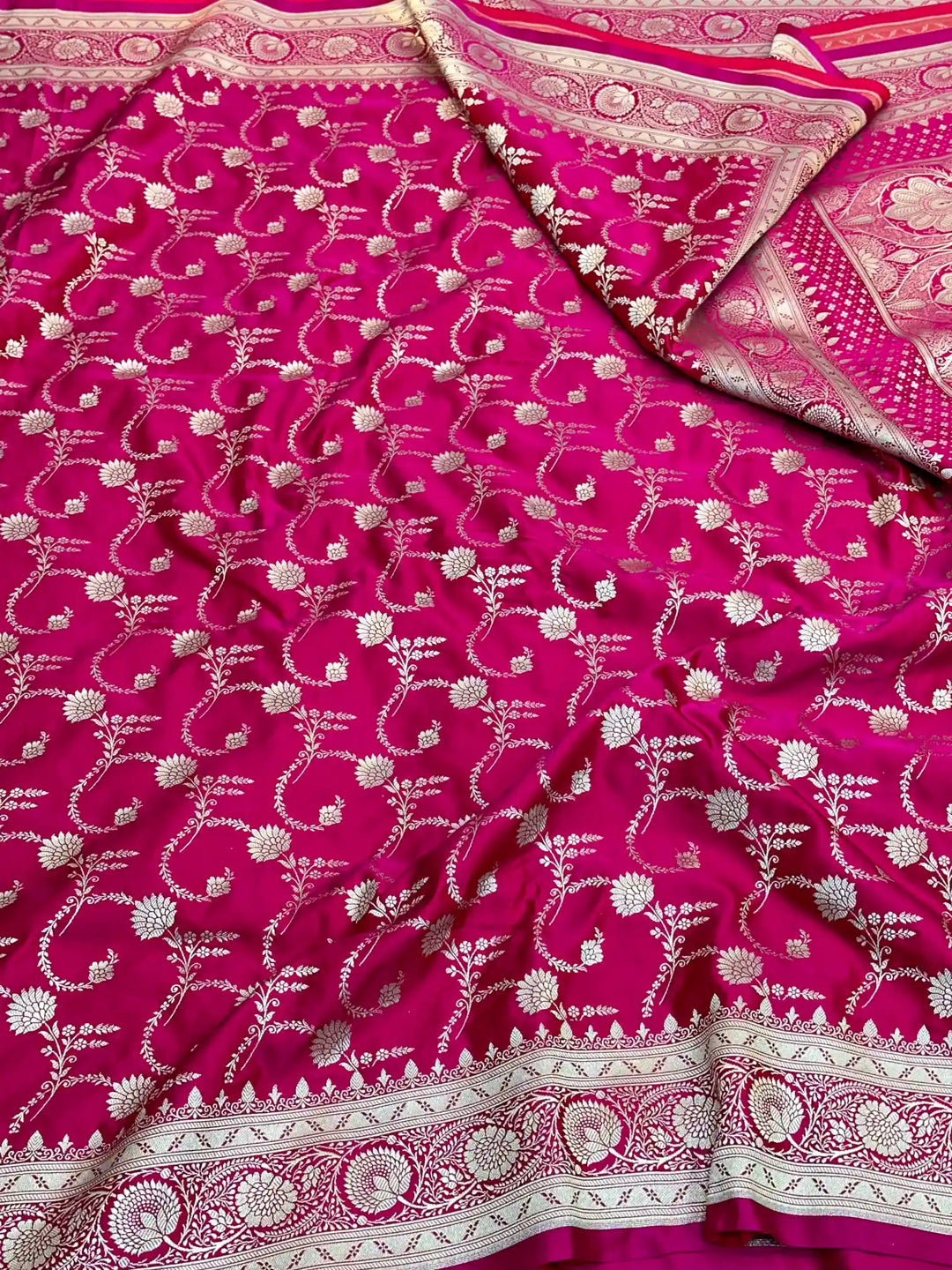 Rani Pink Mashru Katan Silk Floral Jaal Banarasi Saree