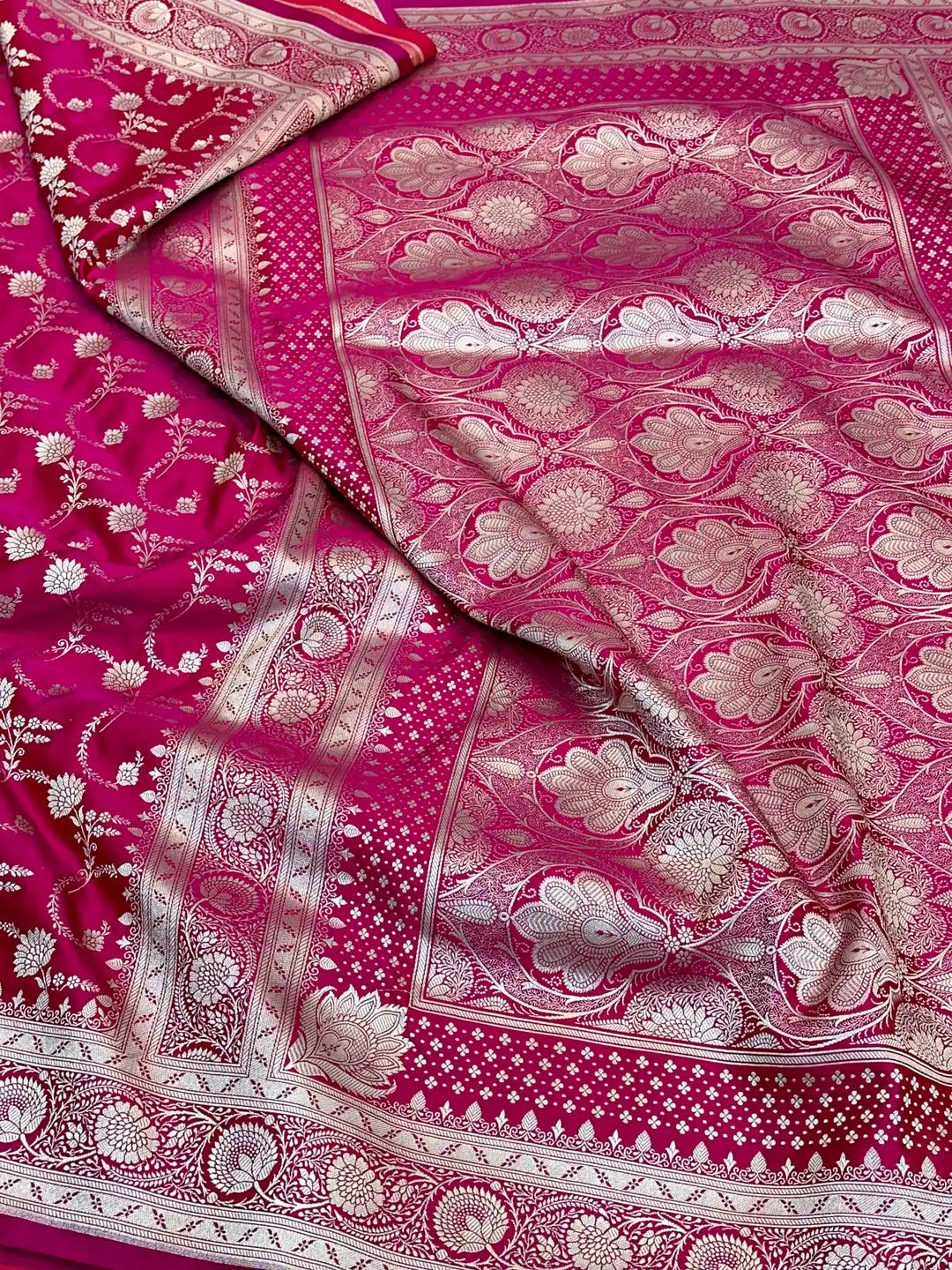 Rani Pink Mashru Katan Silk Floral Jaal Banarasi Saree