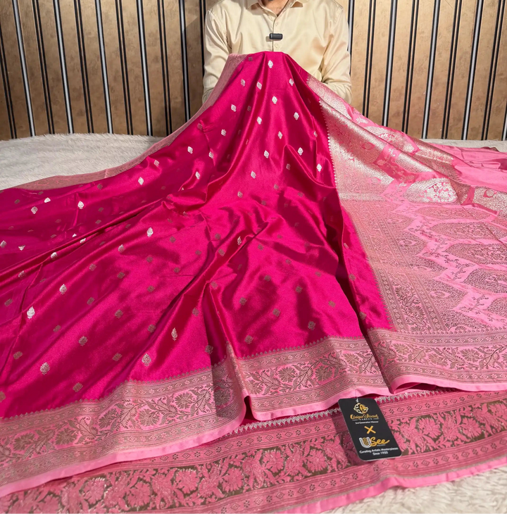 Rani Pink Mashru Katan Silk Heritage Zari Buti Weave Banarasi Saree