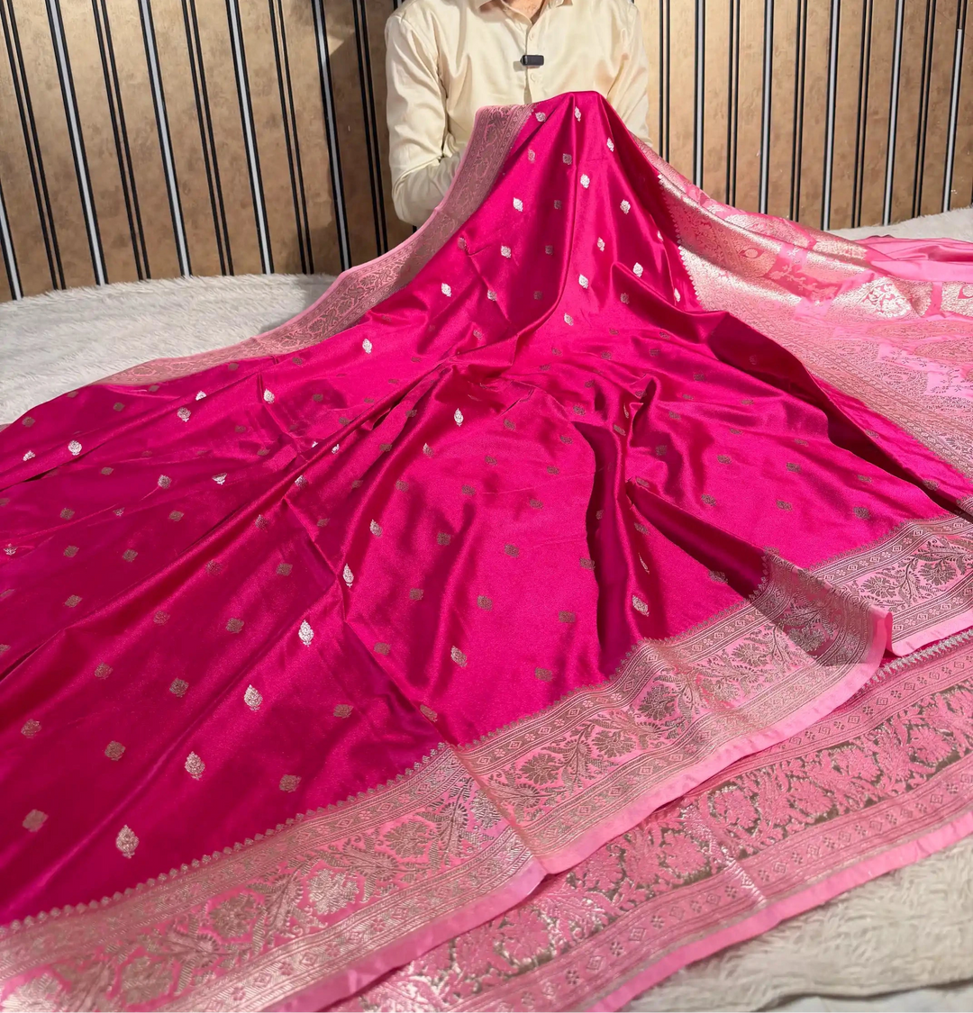 Rani Pink Mashru Katan Silk Heritage Zari Buti Weave Banarasi Saree