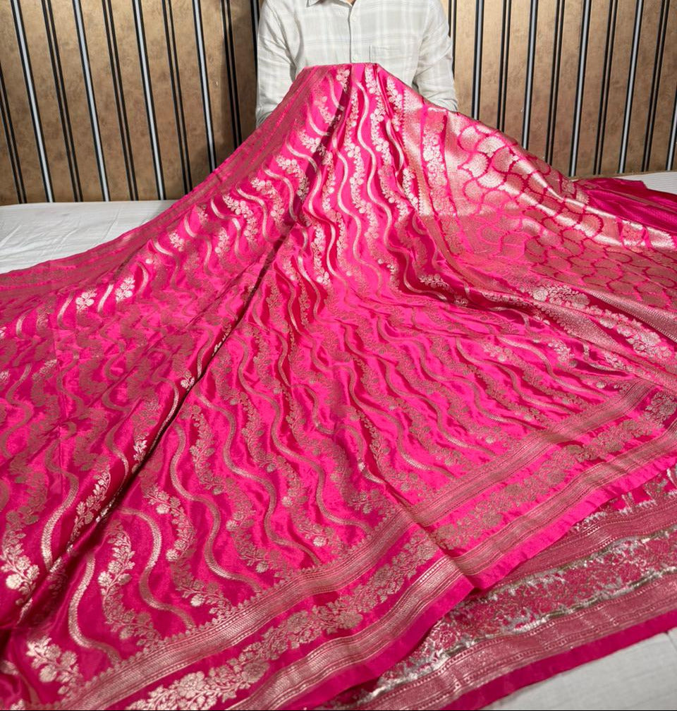 Rani Pink Mashru Katan Silk Leheriya Weave Banarasi Saree