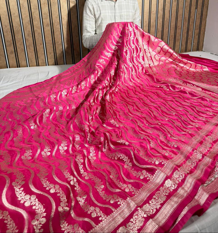 Rani Pink Mashru Katan Silk Leheriya Weave Banarasi Saree