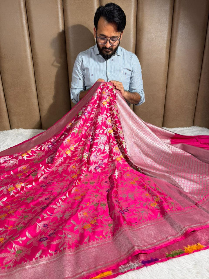 Rani Pink Mashru Katan Silk Meenakari Intricate Weave Banarasi Saree