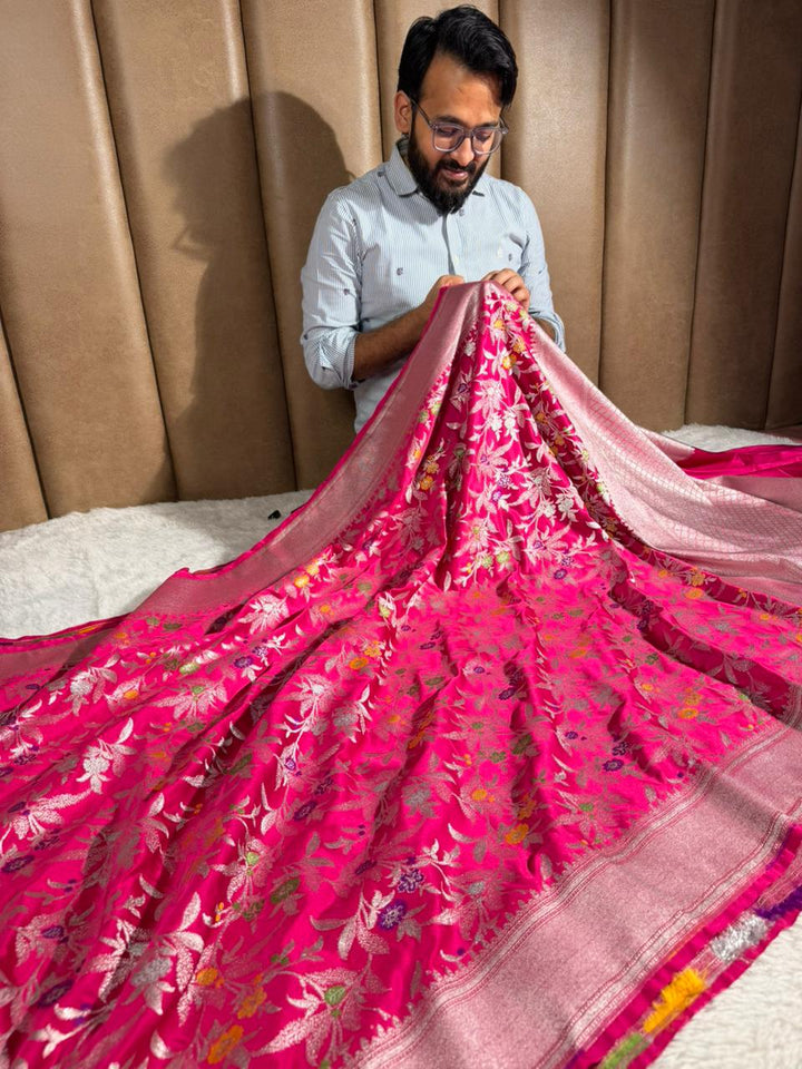Rani Pink Mashru Katan Silk Meenakari Intricate Weave Banarasi Saree