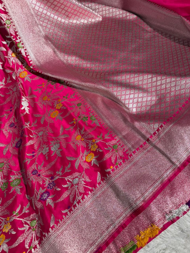 Rani Pink Mashru Katan Silk Meenakari Intricate Weave Banarasi Saree