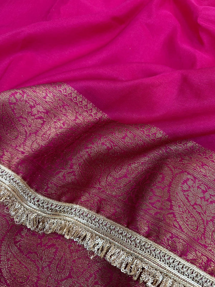 Rani Pink Mysore Silk Designer Lace Attached Banarasi Saree