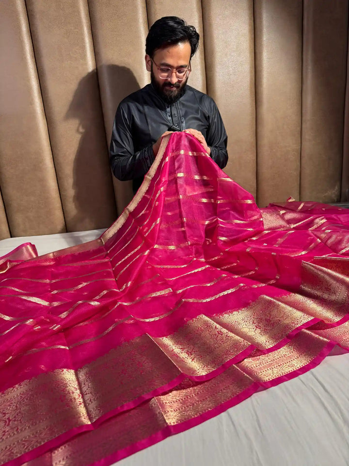 Rani Pink Organza Silk Banarasi Saree