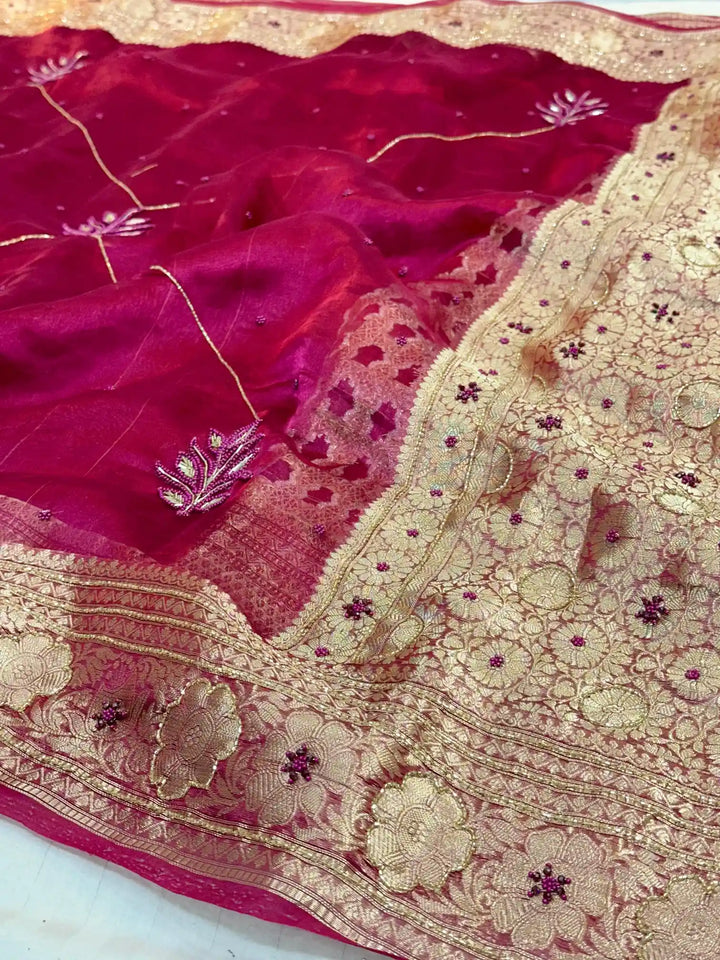 Rani Pink Premium Handwork Pure Tissue Silk Banarasi Saree 