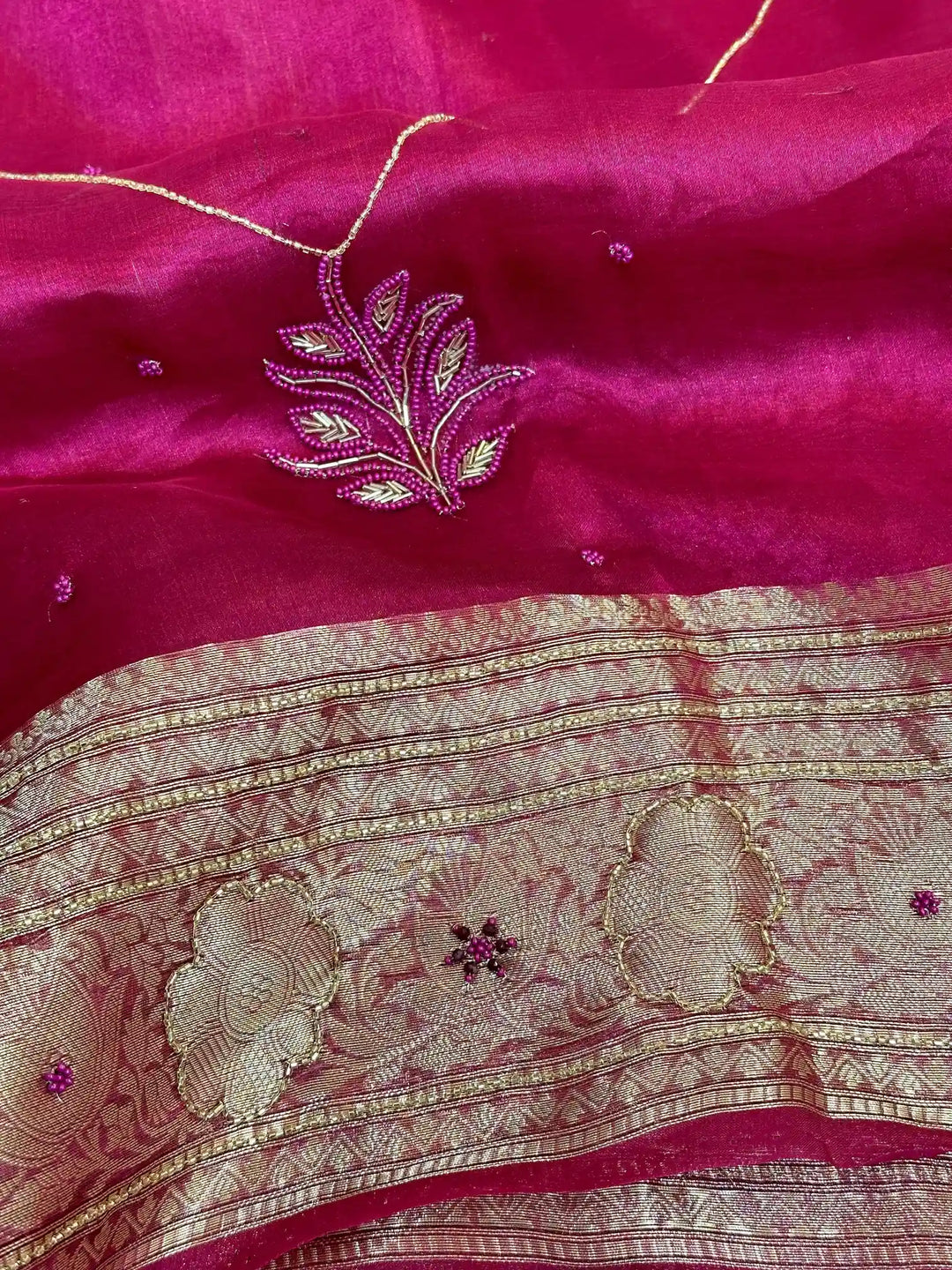 Rani Pink Premium Handwork Pure Tissue Silk Banarasi Saree 