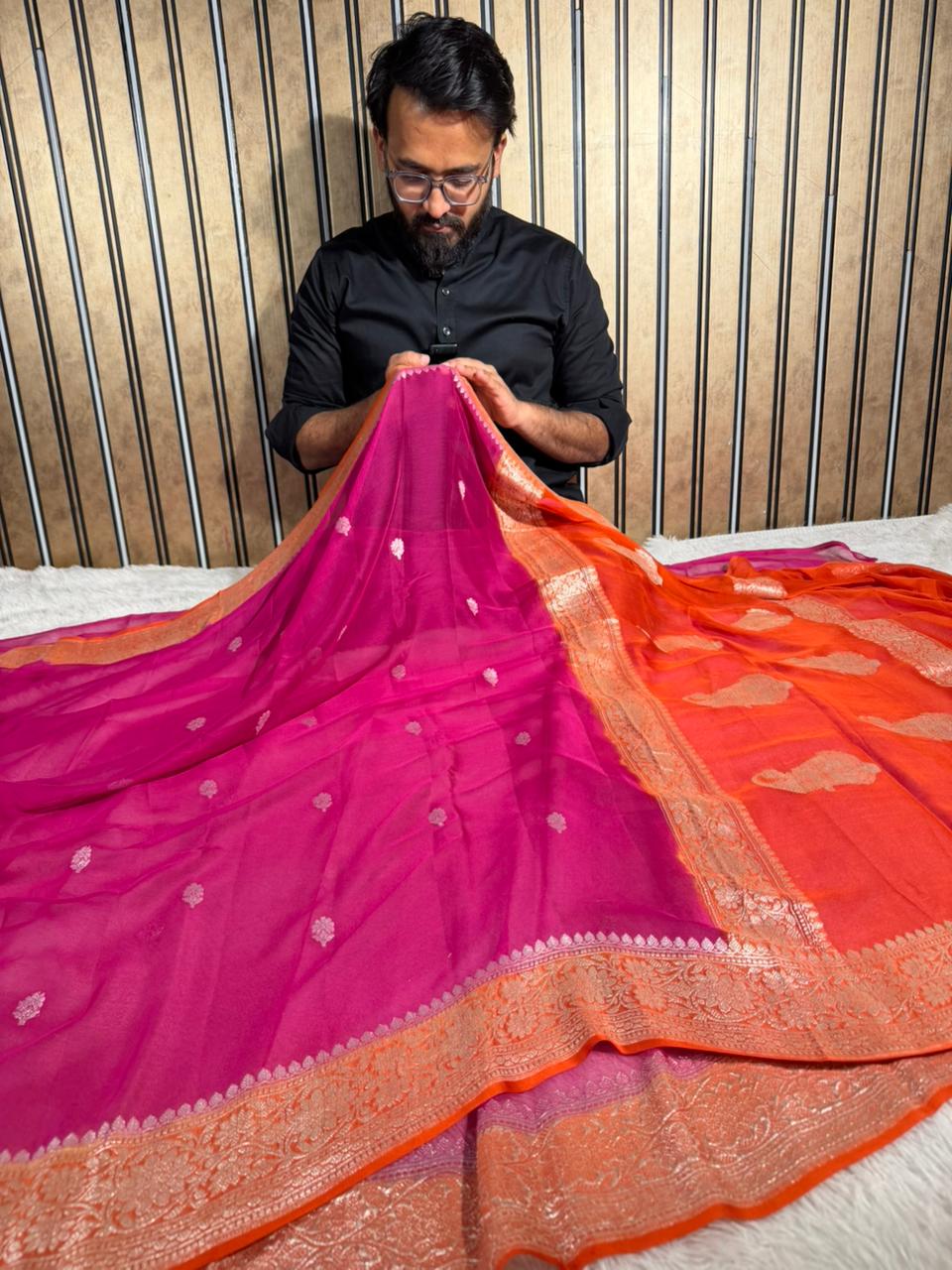 Rani Pink Pure Khaddi Chiffon Silk Handwoven Banarasi Saree