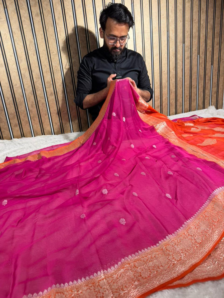 Rani Pink Pure Khaddi Chiffon Silk Handwoven Banarasi Saree