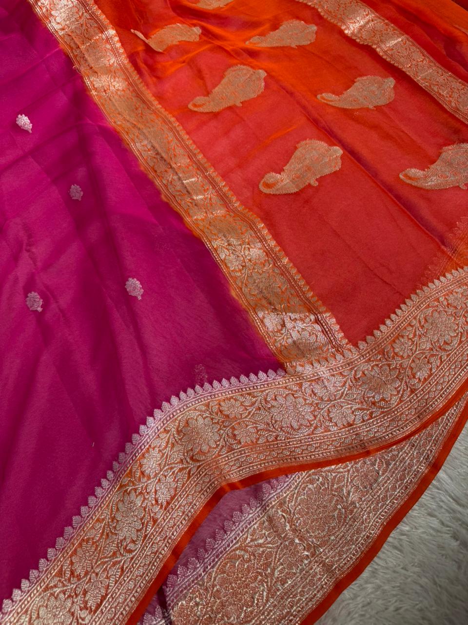 Rani Pink Pure Khaddi Chiffon Silk Handwoven Banarasi Saree