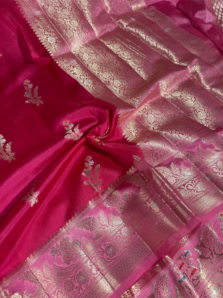 Rani Pink Pure Mango Katan Silk Eccenric Buta Banarasi Saree