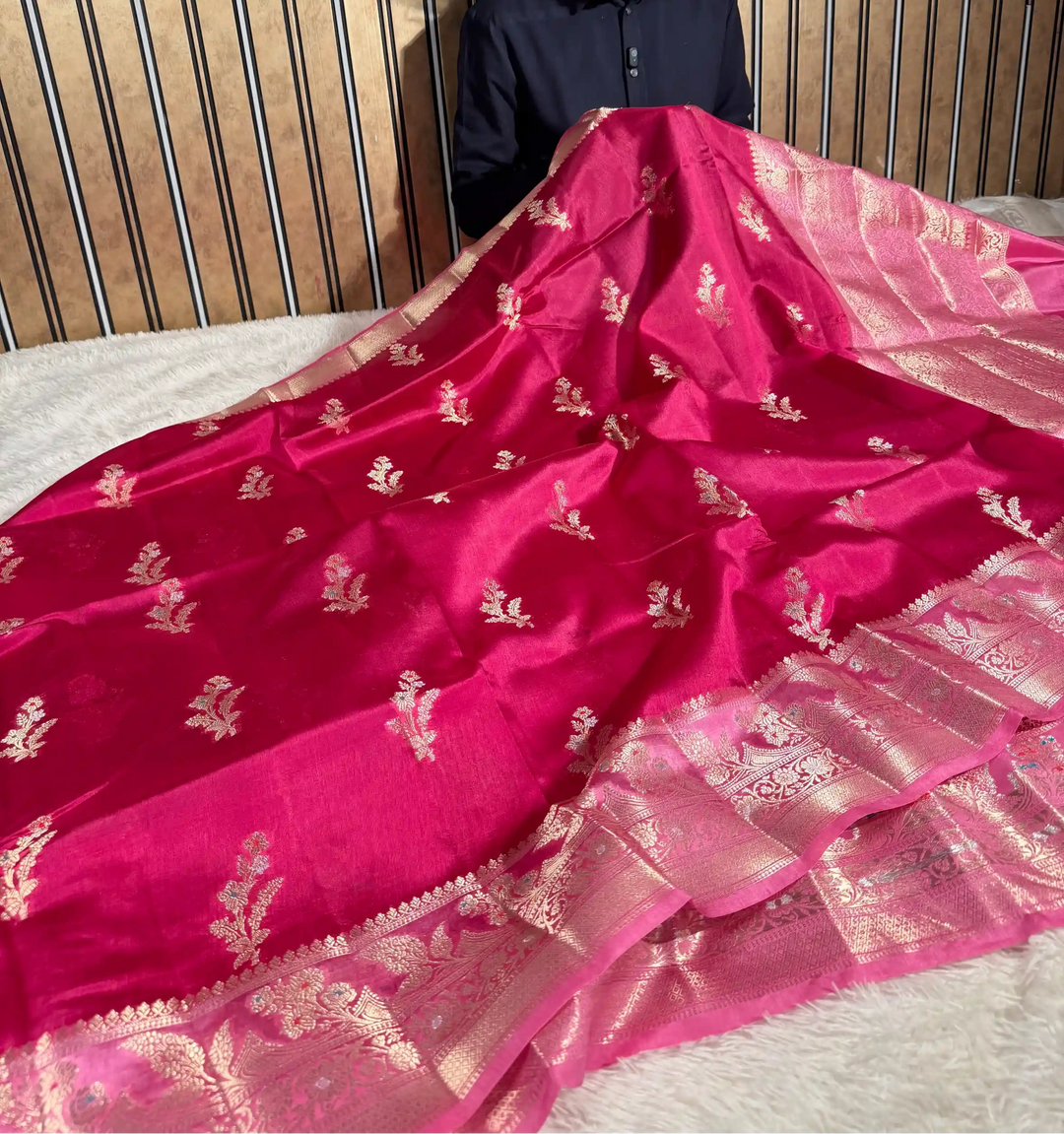 Rani Pink Pure Mango Katan Silk Eccenric Buta Banarasi Saree