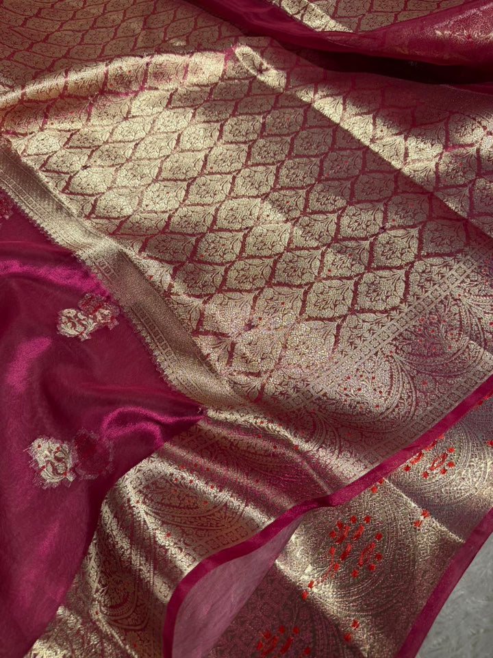 Rani Pink Pure Tissue silk Meenakari Banarasi Saree