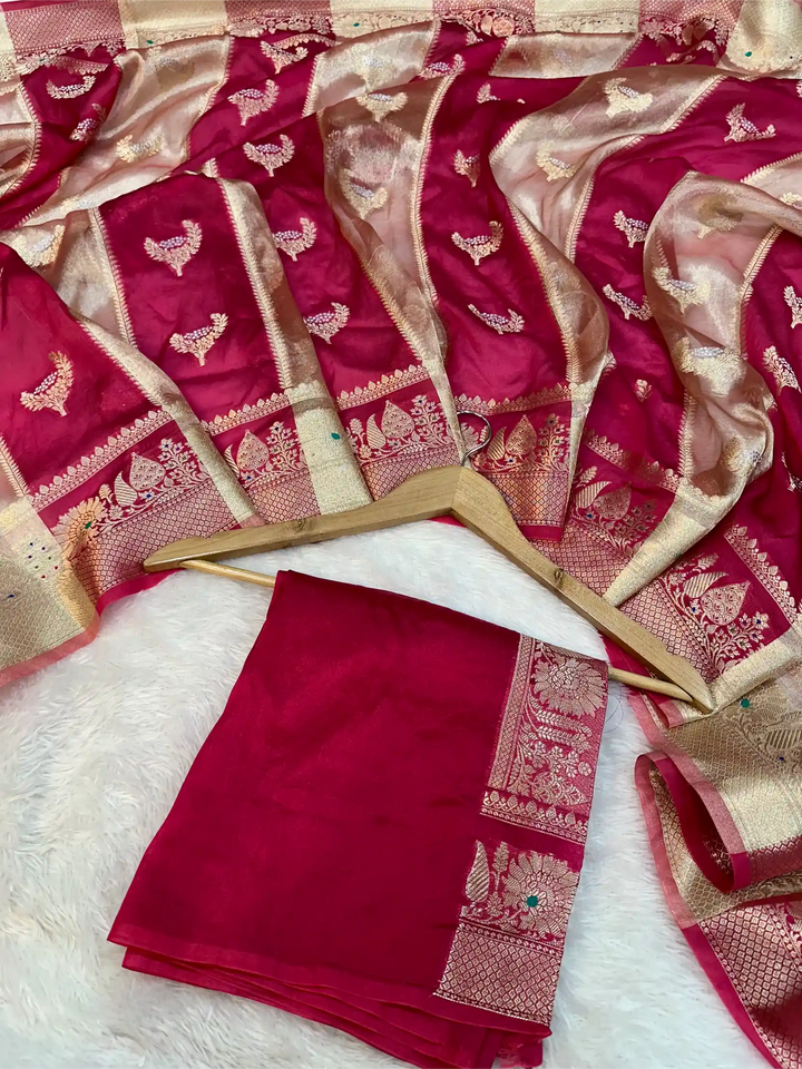 Rani Pink Rare Chinia Tissue Heritage Banarasi Saree
