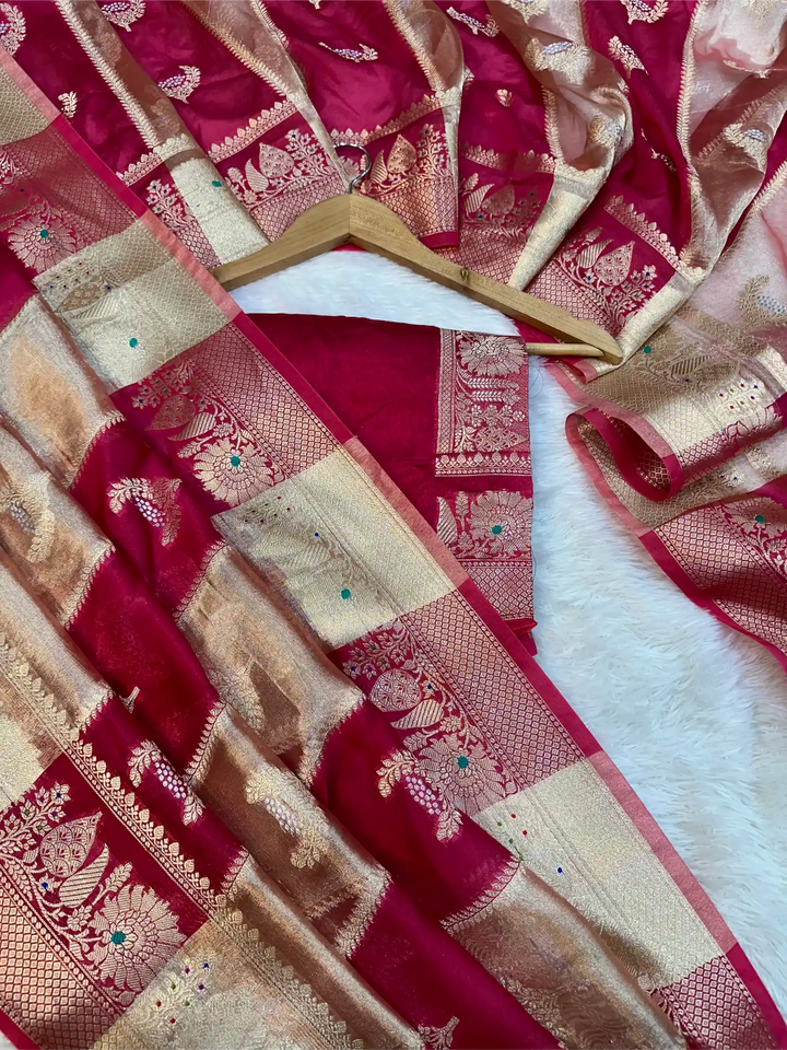 Rani Pink Rare Chinia Tissue Heritage Banarasi Saree