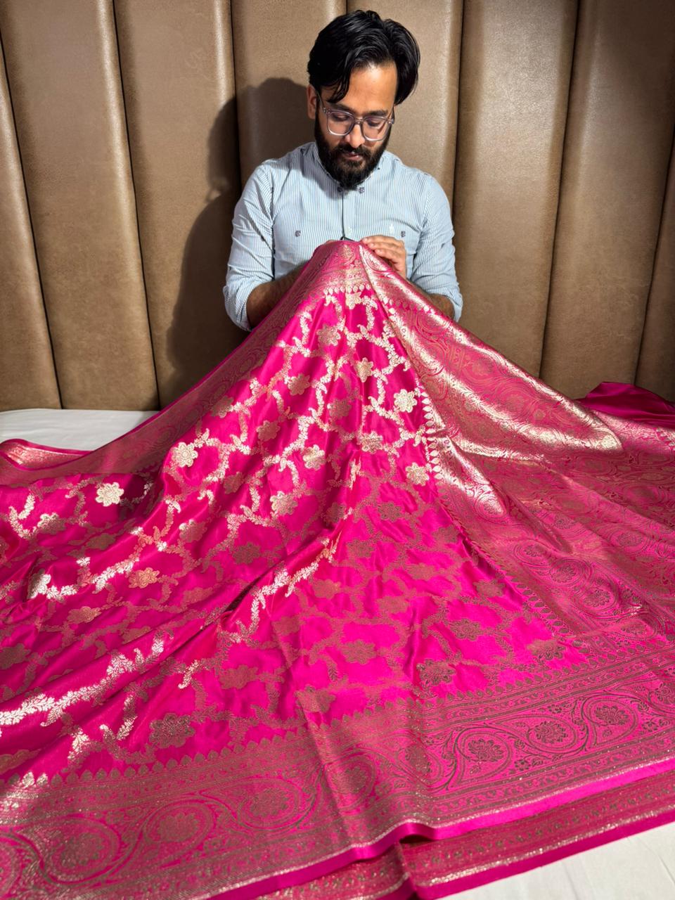 Rani Pink Satin Silk Heritage Floral Weave Banarasi Saree