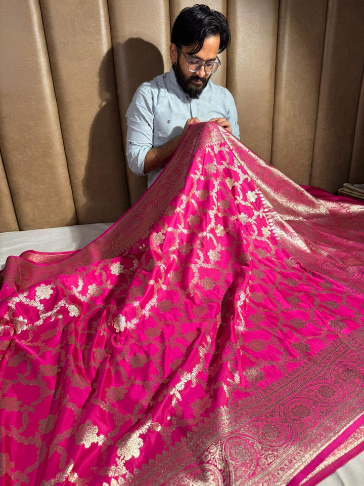 Rani Pink Satin Silk Heritage Floral Weave Banarasi Saree