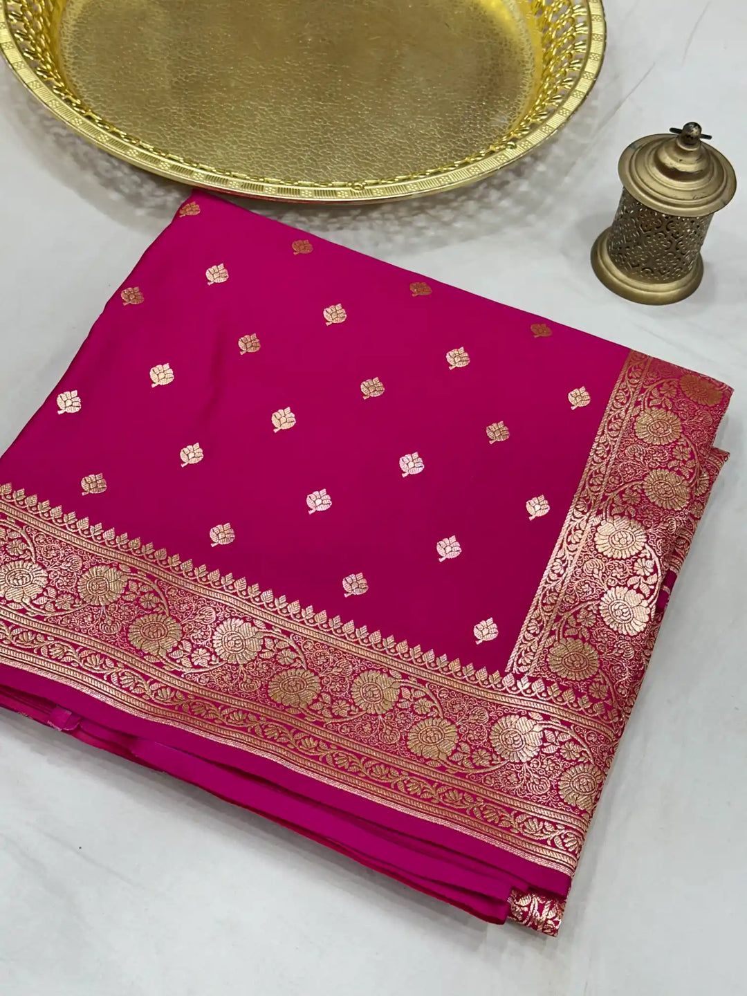 Rani Pink Satin Silk Saree with Buta Dots Design and Classical Pallu