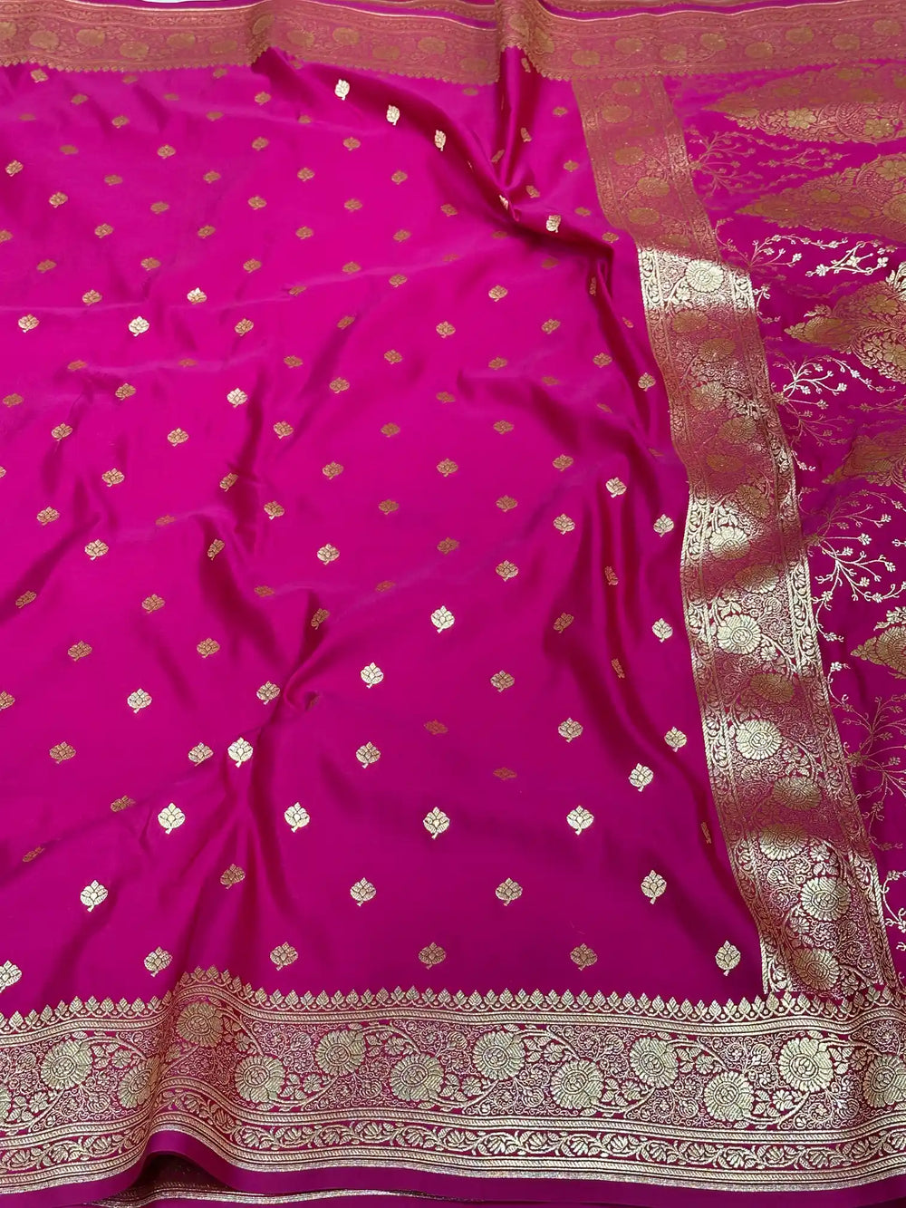 Rani Pink Satin Silk Saree with Buta Dots Design and Classical Pallu
