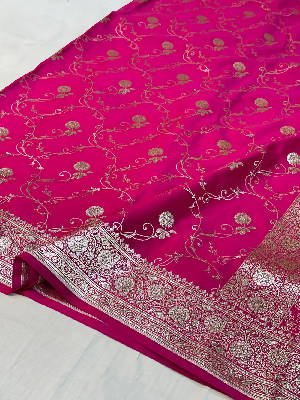 Rani Pink Satin Silk Saree with Rich Texture Design and Classical Pallu