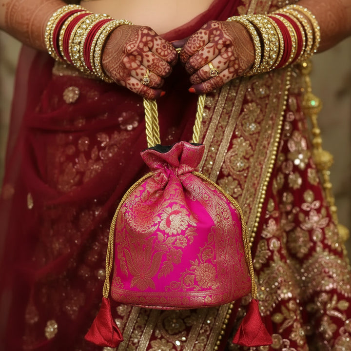 Rani Pink Shade Banarasi Potli Bags