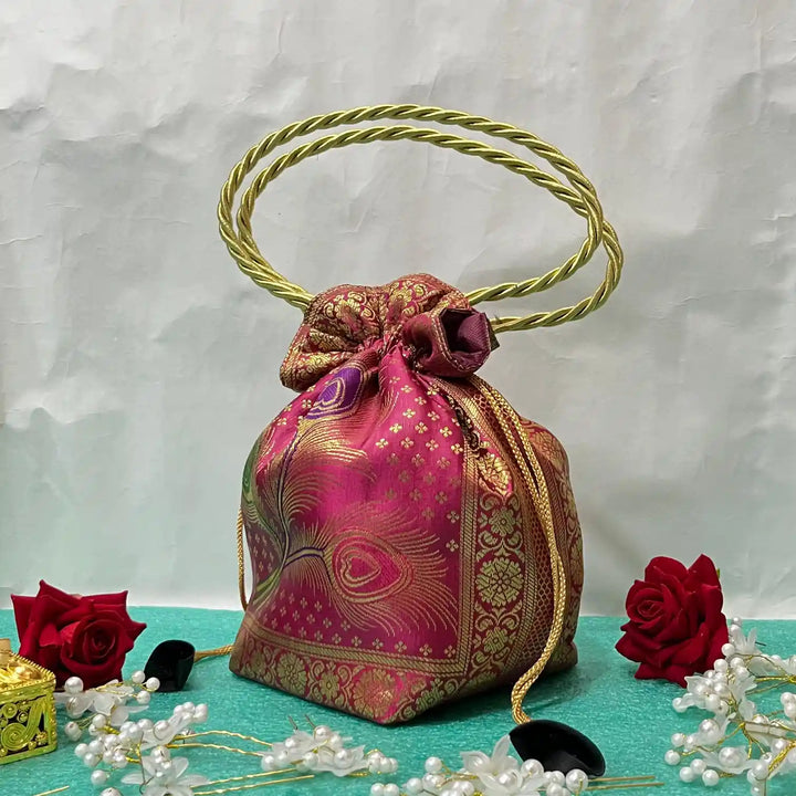 Rani Pink Shade Banarasi Potli Bags