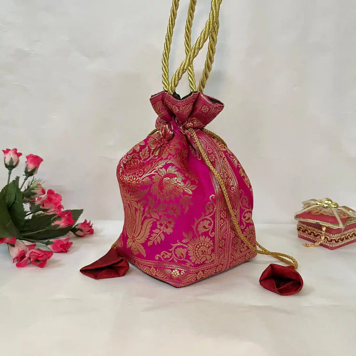 Rani Pink Shade Banarasi Potli Bags