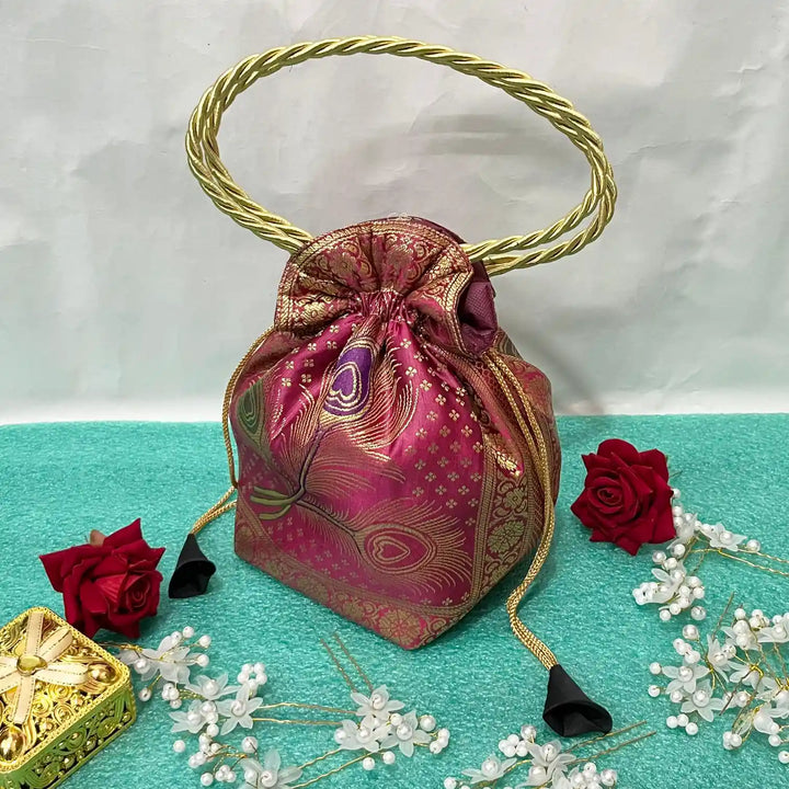Rani Pink Shade Banarasi Potli Bags