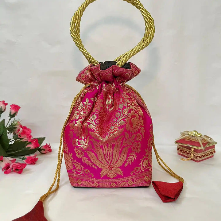 Rani Pink Shade Banarasi Potli Bags