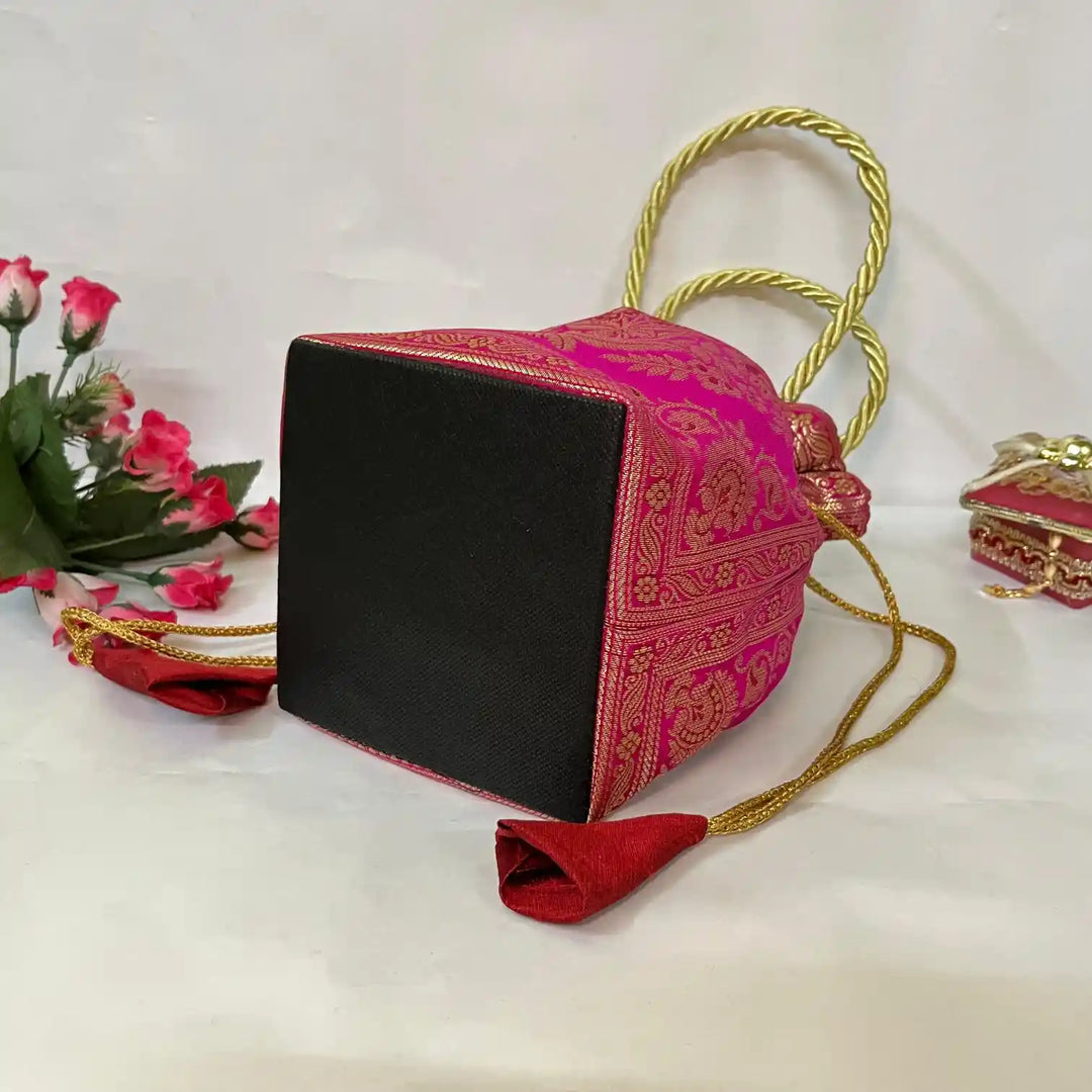 Rani Pink Shade Banarasi Potli Bags