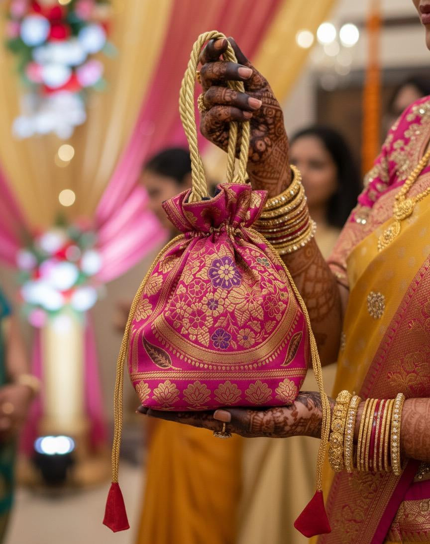Rani Pink Handcrafted Banarasi Potli Bag