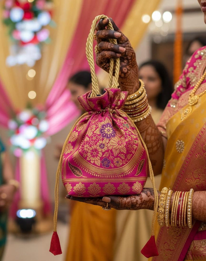 Rani Pink Handcrafted Banarasi Potli Bag