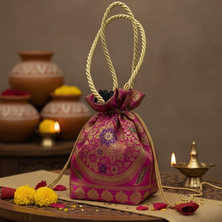 Rani Pink Handcrafted Banarasi Potli Bag
