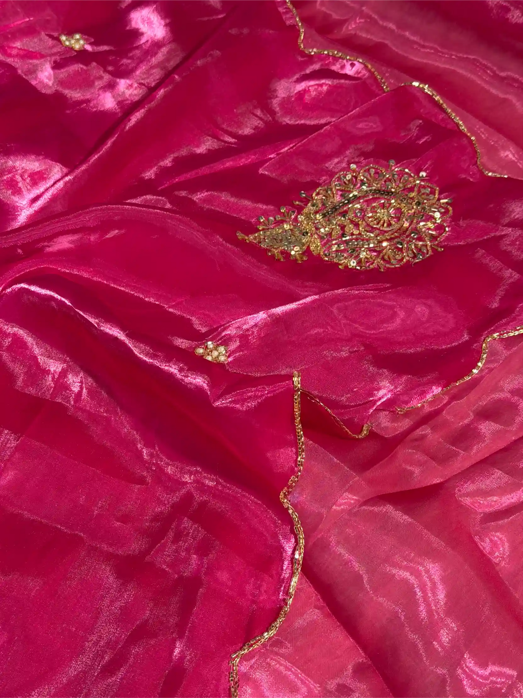Rani Pink Shimmery Tissue Silk Handwork Saree