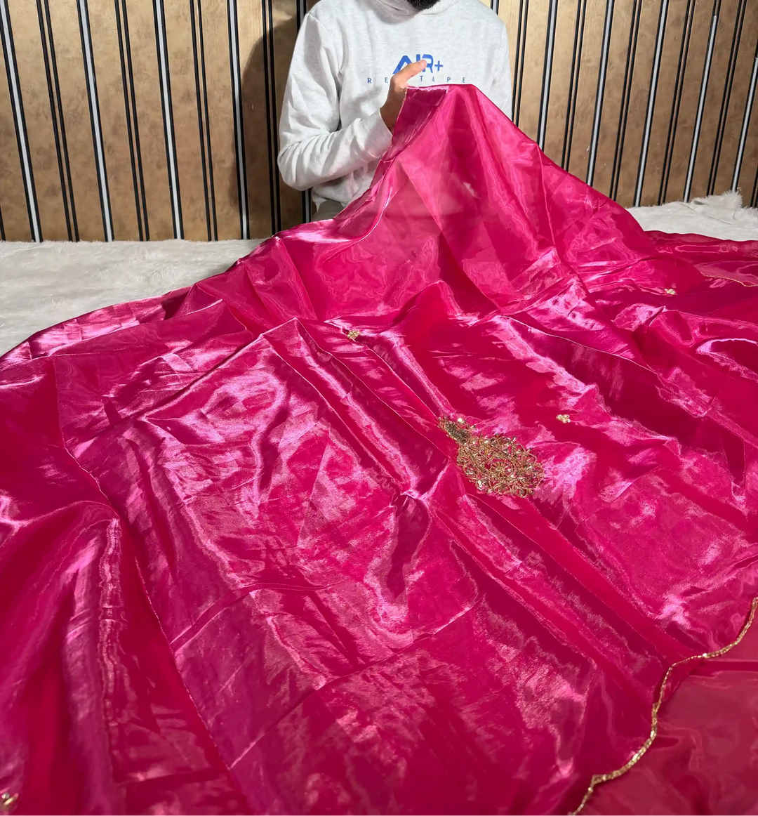 Rani Pink Shimmery Tissue Silk Handwork Saree