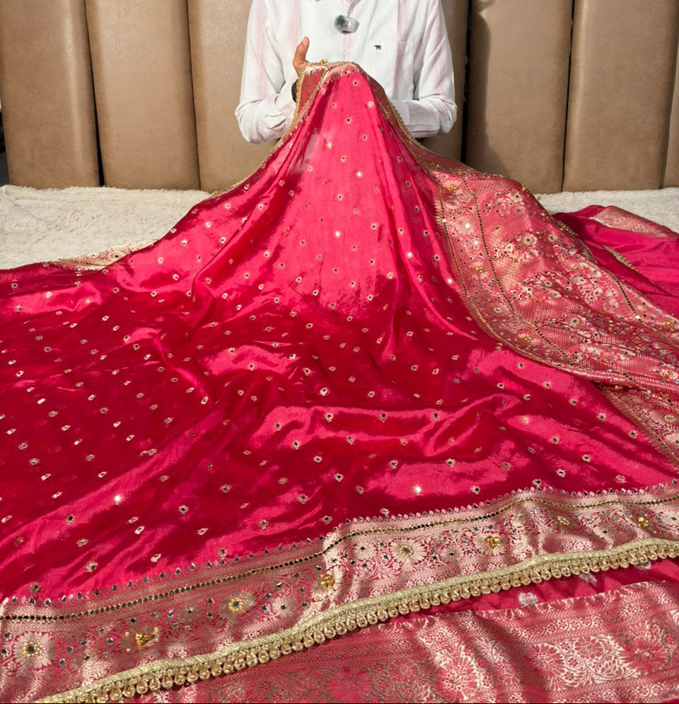 Rani Pink Soft Georgette Ghungroo Mirror Work Saree