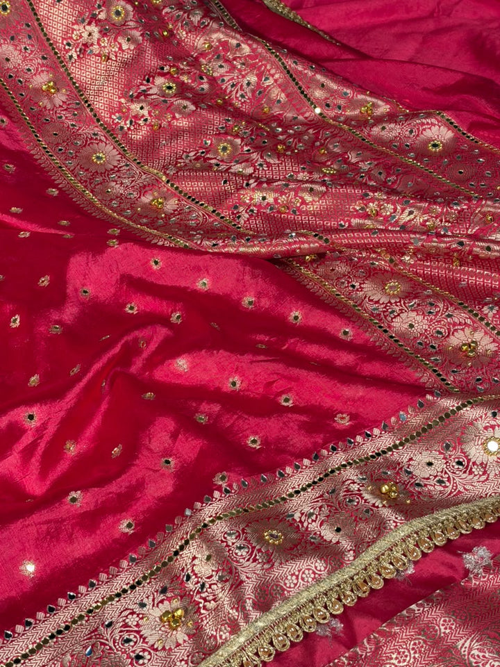 Rani Pink Soft Georgette Ghungroo Mirror Work Saree