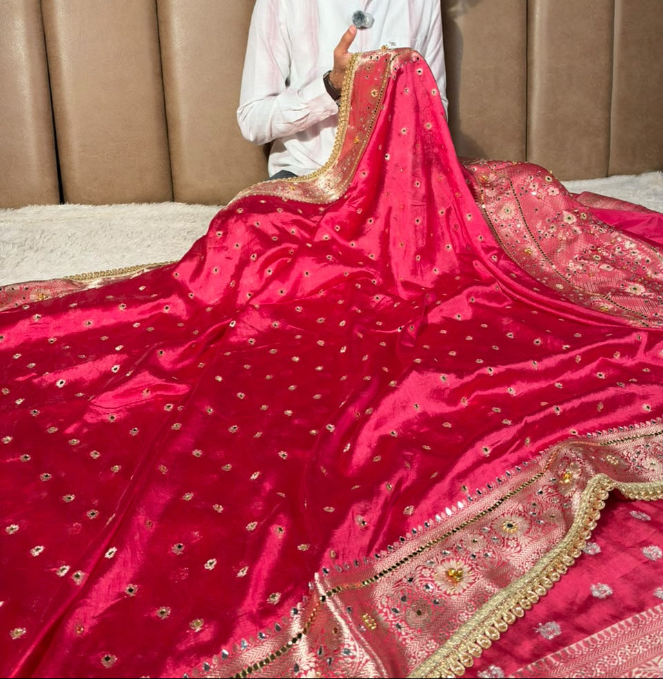 Rani Pink Soft Georgette Ghungroo Mirror Work Saree