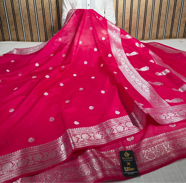 Rani Pink Soft Georgette Khaddi Buti Banarasi Saree