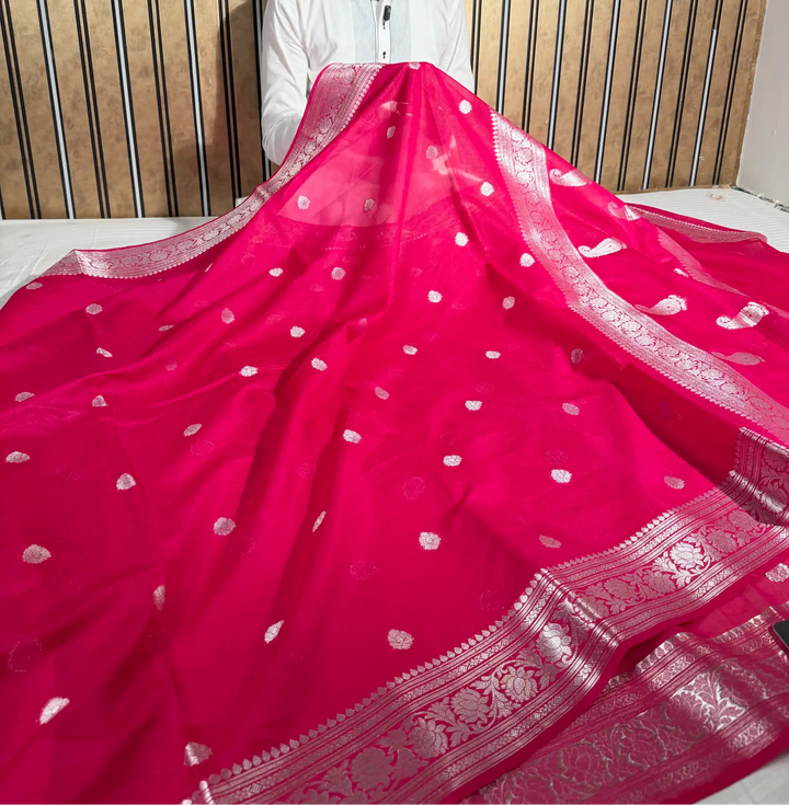 Rani Pink Soft Georgette Khaddi Buti Banarasi Saree