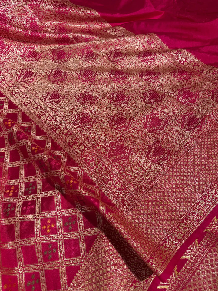 Rani Pink Soft Georgette Silk Bandhani Banarasi Saree