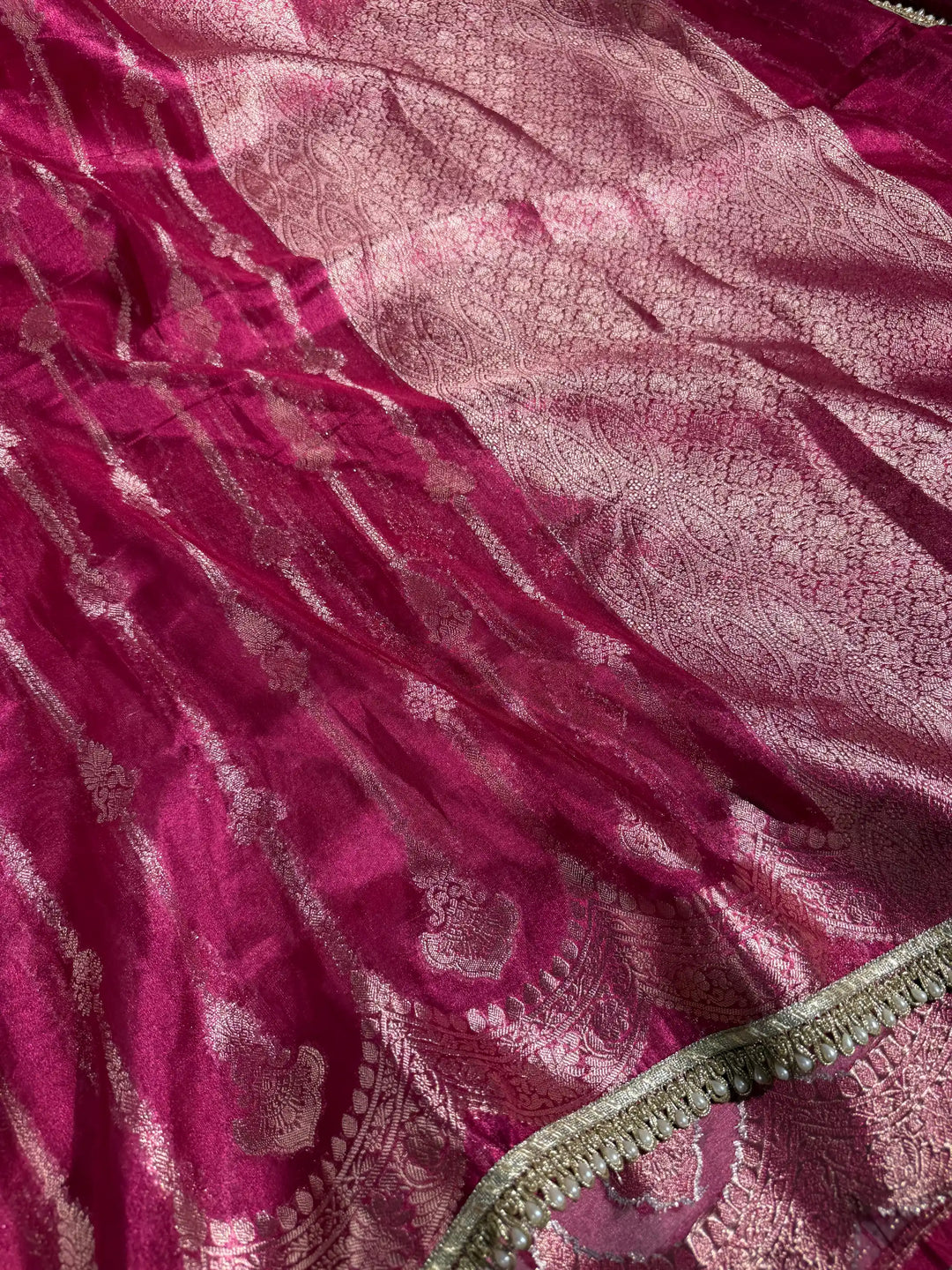 Rani Pink Soft Tissue Silk Heritage Weave Lace Work Banarasi Saree