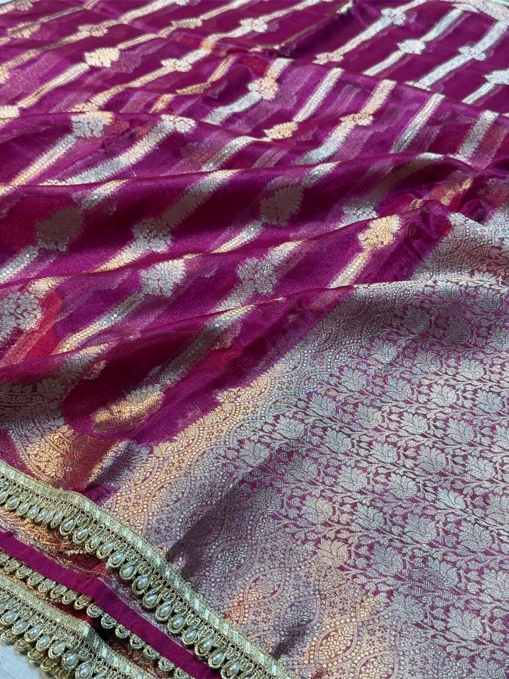 Rani Pink Soft Tissue Silk Heritage Weave Lace Work Banarasi Saree