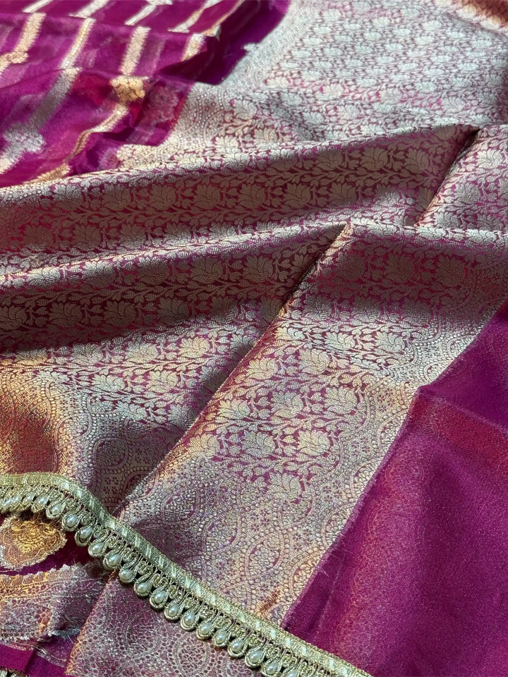 Rani Pink Soft Tissue Silk Heritage Weave Lace Work Banarasi Saree