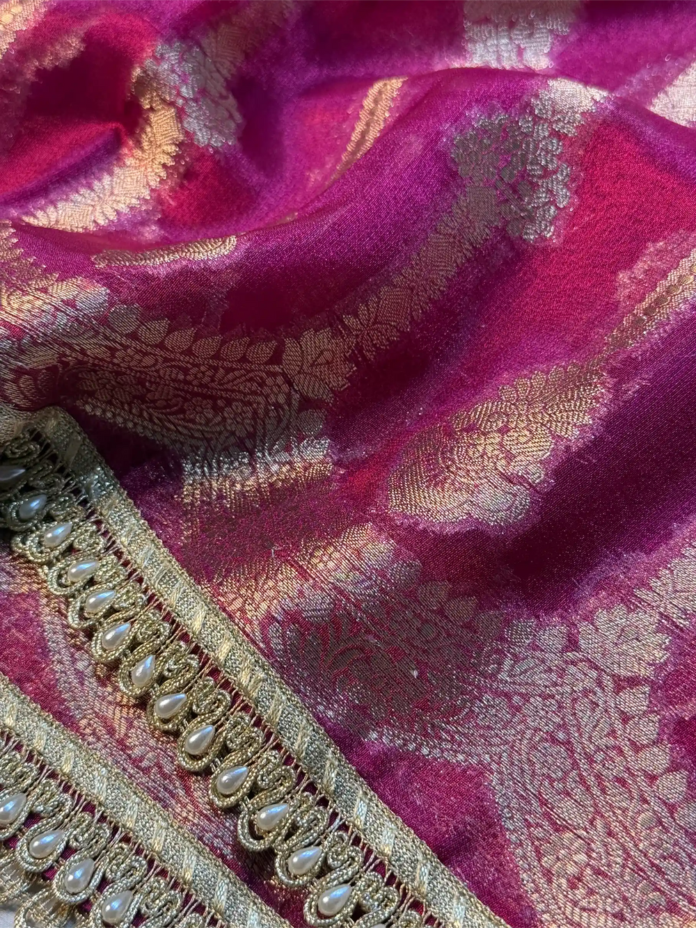 Rani Pink Soft Tissue Silk Heritage Weave Lace Work Banarasi Saree