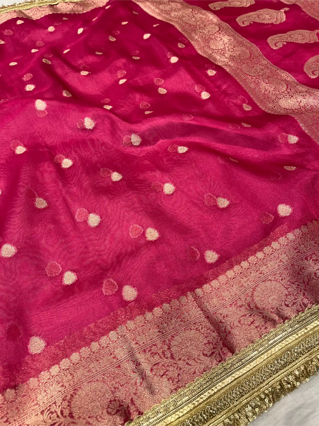 Rani Pink Tissue Silk Designer Lace Attached Banarasi Saree